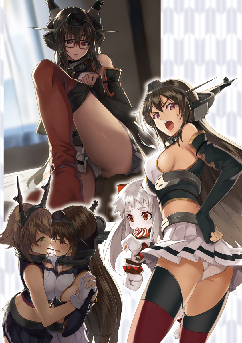 10s 3girls abyssal_ship adjusting_clothes adjusting_legwear ass bare_shoulders bespectacled black_gloves black_hair blurry blush breast_press breasts brown_hair candy cleavage collage colored_skin crotch_seam depth_of_field dress elbow_gloves female_focus fingerless_gloves food from_above glasses gloves green_eyes holding_hands headgear highres horns interlocked_fingers kabocha kabocha_(monkey4) kantai_collection large_breasts lollipop long_hair looking_at_viewer midriff mittens multiple_girls multiple_views mutsu_(kancolle) nagato_(kancolle) northern_ocean_princess open_mouth pale_skin panties pleated_skirt pocky pocky_kiss red-framed_eyewear red_eyes red_legwear shared_food short_hair sideboob skirt sweat symmetrical_docking take_it_home thighhighs thighhighs_pull translated twitter_username underwear very_long_hair white_gloves white_hair white_panties white_skin yuri