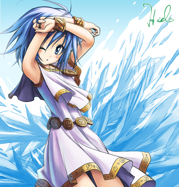 1girl :o armpits arms_up belt blue_eyes blue_hair blush bracelet female_focus flat_chest i-rabi ice jewelry looking_at_viewer matching_hair/eyes original short_hair sleeveless solo standing tunic wink