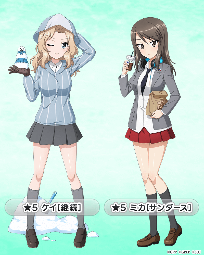 2girls aqua_background bag black_gloves black_necktie black_socks blazer blonde_hair blue_eyes blue_footwear blue_hat blue_shirt brown_eyes brown_footwear brown_hair character_name closed_mouth collared_shirt commentary_request cosplay costume_switch cup disposable_cup dress_shirt emblem girls_und_panzer girls_und_panzer_senshadou_daisakusen! gloves grey_jacket grey_skirt grey_socks hair_intakes hand_on_headwear hat headphones headphones_around_neck heel_up holding holding_bag holding_cup jacket kay_(girls_und_panzer) keizoku_school_uniform kneehighs loafers long_sleeves looking_at_viewer medium_hair mika_(girls_und_panzer) miniskirt multiple_girls necktie no_headwear official_art one_eye_closed open_clothes open_jacket paper_bag parted_lips pleated_skirt red_skirt saunders_(emblem) saunders_school_uniform school_uniform shirt shoes skirt sleeves_rolled_up smile snow snowman socks standing star_(symbol) striped_clothes striped_shirt translated tulip_hat untucked_shirt vertical-striped_clothes vertical-striped_shirt watermark white_shirt wing_collar