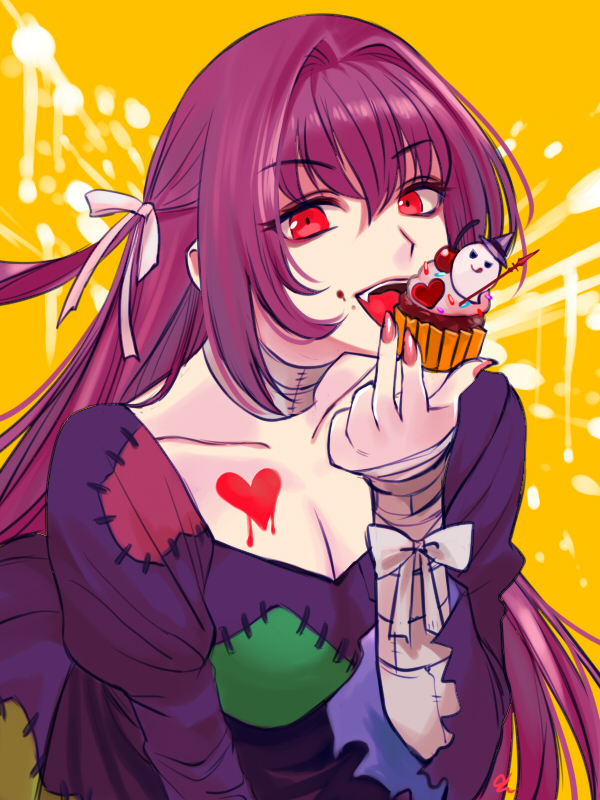 1girl :d asamitsu_(n_morninglight) bandaged_arm bandages bow breasts cleavage cupcake eating fate/grand_order fate_(series) food hair_bow hair_intakes holding holding_food long_hair looking_at_viewer medium_breasts open_mouth purple_hair purple_shirt red_eyes scathach_(fate) shirt simple_background smile solo upper_body white_bow yellow_background