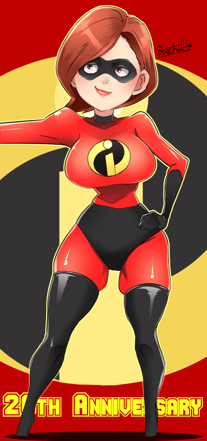 1girl breasts brown_hair butcha-u disney elastigirl helen_parr highres large_breasts pixar solo the_incredibles