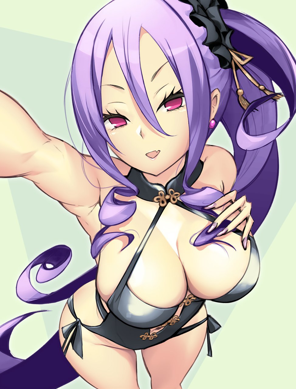 1girl bare_shoulders black_one-piece_swimsuit breasts cleavage dynamitenatalia fate/grand_order fate_(series) hair_between_eyes hair_ornament hair_scrunchie highleg highleg_one-piece_swimsuit highres large_breasts long_hair looking_at_viewer one-piece_swimsuit open_mouth purple_eyes purple_hair scrunchie side_ponytail sidelocks smile solo swimsuit thighs very_long_hair wu_zetian_(fate) wu_zetian_(swimsuit_caster)_(fate) wu_zetian_(swimsuit_caster)_(first_ascension)_(fate)