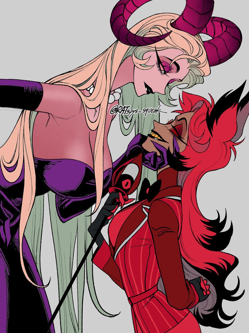 2girls alastor_(hazbin_hotel) blonde_hair breasts demon_girl demon_horns dress face-to-face formal genderswap genderswap_(mtf) hazbin_hotel horns large_breasts lilith_(hazbin_hotel) long_hair multiple_girls purple_dress ratsays_squeak red_hair suit very_long_hair