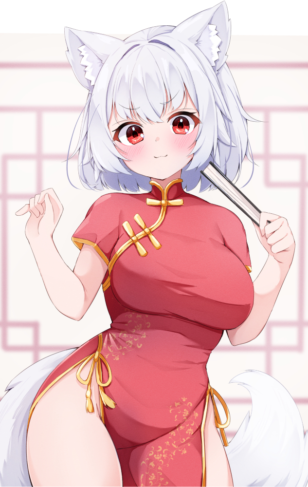 1girl :3 alternate_costume animal_ear_fluff animal_ears blush breasts china_dress chinese_clothes closed_mouth commentary_request contrapposto cowboy_shot dress folding_fan hand_fan hands_up holding holding_fan inubashiri_momiji large_breasts lattice looking_at_viewer medium_bangs pelvic_curtain red_dress red_eyes rururiaru short_hair smile solo tail touhou v-shaped_eyebrows white_hair wolf_ears wolf_girl wolf_tail