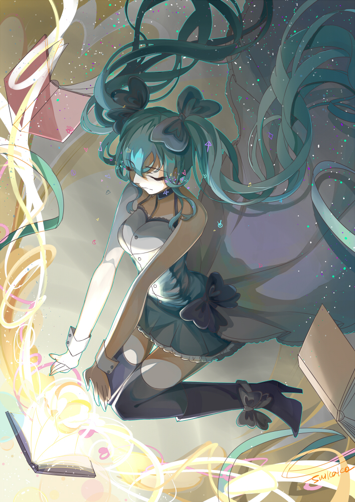 1girl aqua_hair bare_arms bare_shoulders black_socks book boots closed_eyes detached_sleeves female_focus hatsune_miku huayue kneehighs long_hair magic necktie sleeveless socks solo thigh_boots thighhighs twintails very_long_hair vocaloid zettai_ryouiki