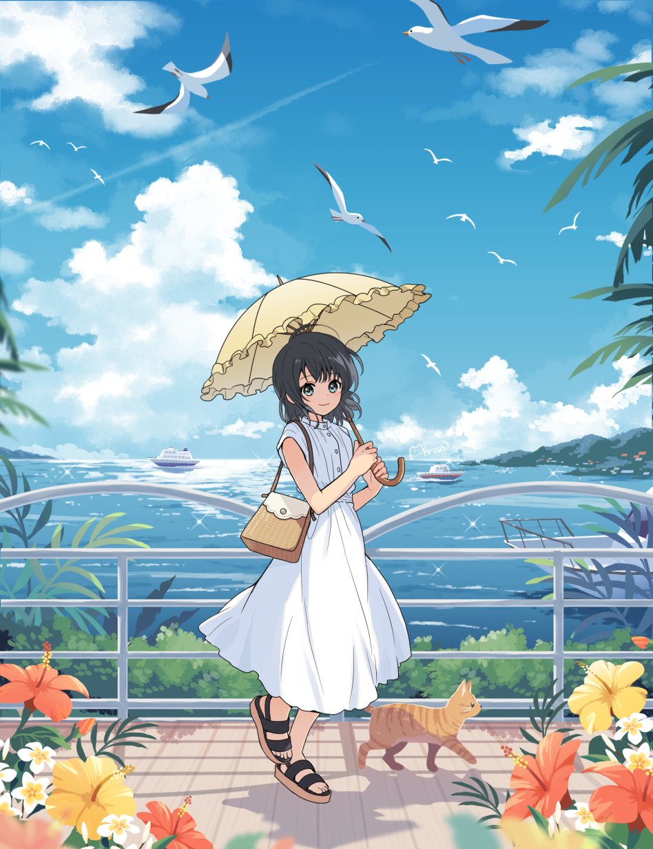 1girl animal aqua_eyes arisa_(aren) bag bird black_footwear black_hair blue_sky brown_cat brown_footwear buttons cat closed_mouth cloud commentary_request day dress flower full_body highres holding holding_umbrella horizon long_dress looking_at_viewer medium_hair no_socks ocean orange_flower original outdoors parasol sandals seagull short_sleeves shoulder_bag signature simple_bird sky smile solo sparkle standing sunlight toeless_footwear umbrella white_dress white_flower yellow_flower