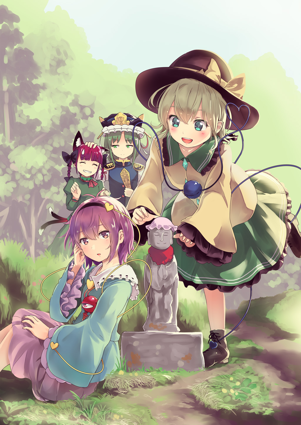 4girls :d ^_^ animal_ear_fluff animal_ears black_bow black_footwear black_hairband black_hat black_skirt blue_shirt blue_sky blue_vest blush boots bow braid capelet cat_ears cat_tail closed_eyes commentary_request culter day dress epaulettes feet_out_of_frame frilled_hat frilled_shirt_collar frilled_sleeves frills grass green_dress green_eyes green_hair green_skirt grin hair_between_eyes hair_bow hair_ornament hairband hand_on_another&#039;s_head hand_up hands_up hat hat_bow hat_ribbon head_tilt heart heart_hair_ornament heart_of_string highres holding jizou juliet_sleeves kaenbyou_rin komeiji_koishi komeiji_satori long_sleeves looking_at_another looking_at_viewer mob_cap multiple_girls multiple_tails neck_ribbon nekomata open_mouth outdoors parted_lips paw_pose petticoat pink_hat pink_skirt puffy_sleeves purple_eyes purple_hair red_capelet red_ribbon ribbon rod_of_remorse shiki_eiki shirt short_hair siblings sisters sitting skirt sky smile standing standing_on_one_leg tail third_eye touhou tree twin_braids twintails two_tails vest white_ribbon wide_sleeves yellow_bow yellow_shirt