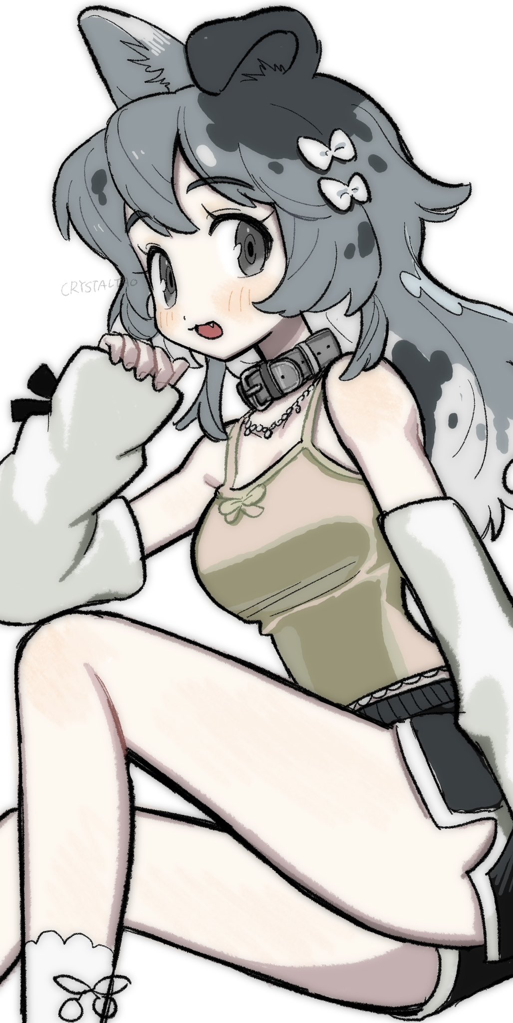 1girl :3 animal_collar arm_at_side arm_warmers artist_name black_bow black_hair black_shorts bow breasts collar commentary dog_girl dolphin_shorts fang feet_out_of_frame floppy_ears grey_collar grey_eyes grey_hair hair_bow hand_up highres invisible_chair jewelry knee_up lace-trimmed_socks light_blush long_hair medium_breasts multicolored_hair necklace open_mouth original shirt shirt_bow short_shorts shorts simple_background sitting sleeves_past_wrists socks solo spaghetti_strap spotted_hair taonoinu tareme three_quarter_view white_arm_warmers white_background white_bow white_hair white_socks wrist_bow y2k_fashion yellow_shirt