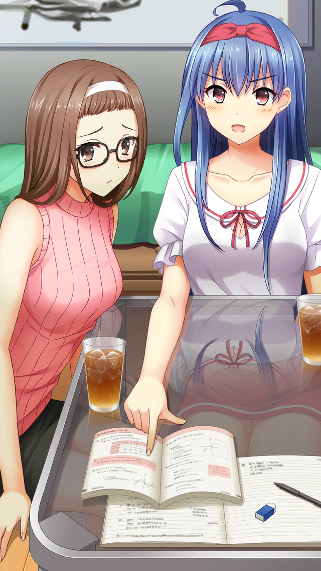 2girls ahoge bedroom black-framed_eyewear black_skirt blue_hair blush breasts brown_eyes brown_hair cleavage closed_mouth collarbone doukyuusei_(series) doukyuusei_2 doukyuusei_another_world game_cg glasses hair_between_eyes hair_intakes hairband indoors kakyuusei_(series) kakyuusei_2 long_hair looking_at_viewer medium_breasts miniskirt mizuno_tomomi multiple_girls official_art open_mouth pencil_skirt pink_sweater red_eyes red_hairband red_ribbon red_skirt ribbed_sweater ribbon shirt skirt sweater takatoo_nanase very_long_hair vest white_hairband white_shirt