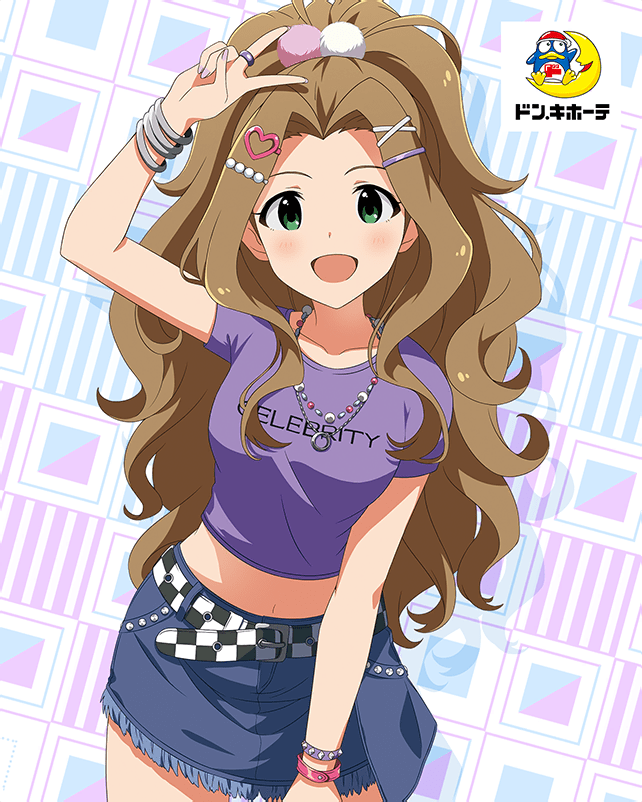 1girl belt bracelet brown_hair card_(medium) checkered_belt cowboy_shot denim denim_shorts don_quijote_(store) forehead green_eyes hair_ornament idolmaster idolmaster_million_live! idolmaster_million_live!_theater_days jewelry leaning_forward looking_at_viewer midriff necklace nikaido_chizuru official_art open_mouth ponytail purple_shirt ring shirt shorts skirt solo t-shirt v