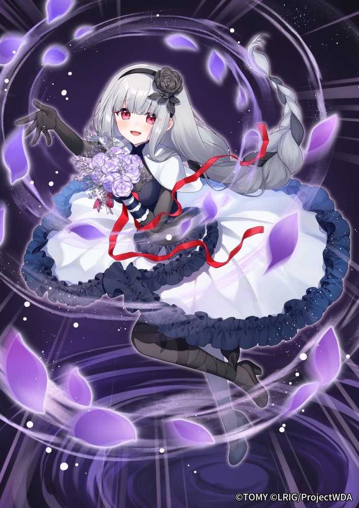 1girl :d black_flower black_gloves black_hairband black_pantyhose black_rose black_shoes bouquet braid capelet character_request elbow_gloves flower frilled_skirt frills gloves grey_hair hair_flower hair_ornament hairband high_heels holding holding_bouquet long_hair multicolored_hair official_art open_mouth pantyhose petals purple_flower purple_rose red_eyes rose shoes single_braid skirt smile solo two-tone_hair very_long_hair white_capelet white_skirt wixoss yamabukiiro