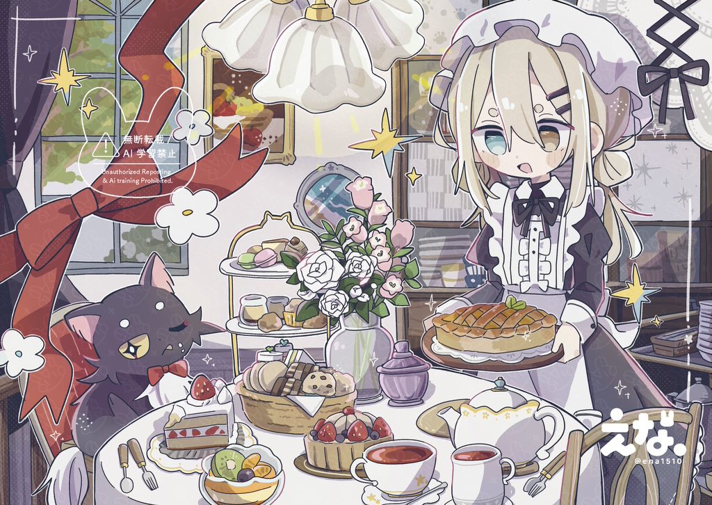 1girl :d apron artist_name black_dress blue_eyes blush_stickers brown_eyes cake cake_slice cat chair commentary contrast_collar cookie cup curtains dress ena_1510 flower food fork frilled_apron frills fruit hair_between_eyes hat holding holding_tray indoors juliet_sleeves kiwi_(fruit) long_sleeves maid mob_cap mug open_mouth original outline pie plate puffy_sleeves red_ribbon ribbon rose saucer smile solo sparkle spoon strawberry symbol-only_commentary tablecloth thick_eyebrows tray twitter_username vase watermark white_apron white_flower white_outline white_rose window