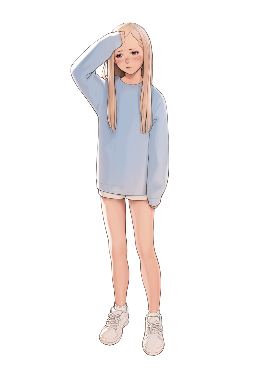 Luimiart Original Highres Girl Blonde Hair Blue Sweater Closed Mouth Full Body Grey
