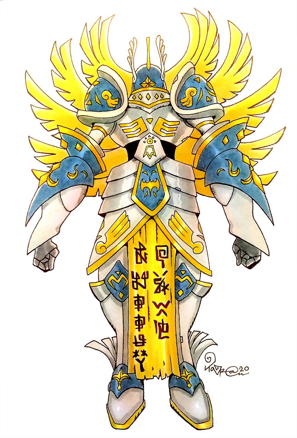 2020 angel angel_wings armor blue_armor blue_helmet clenched_hands digimon digimon_(creature) full_armor full_body gold_trim golden_wings grey_armor helmet highres inktober loincloth multiple_wings painting_(medium) pelvic_curtain print_armor seraph seraphimon simple_background standing taragraphika traditional_media watercolor_(medium) white_background winged_footwear winged_helmet wings yellow_wings