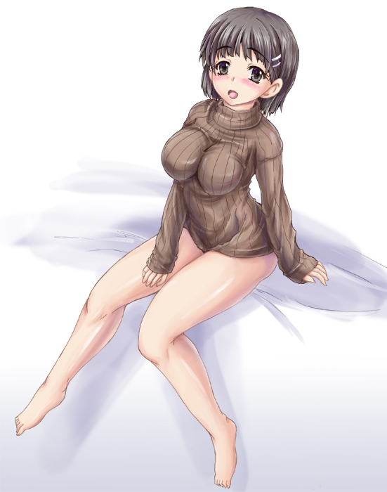 10s 1girl black_eyes black_hair bottomless breasts female_focus hair_ornament hairclip kirigaya_suguha large_breasts no_pants short_hair solo sweater sword_art_online yo-jin