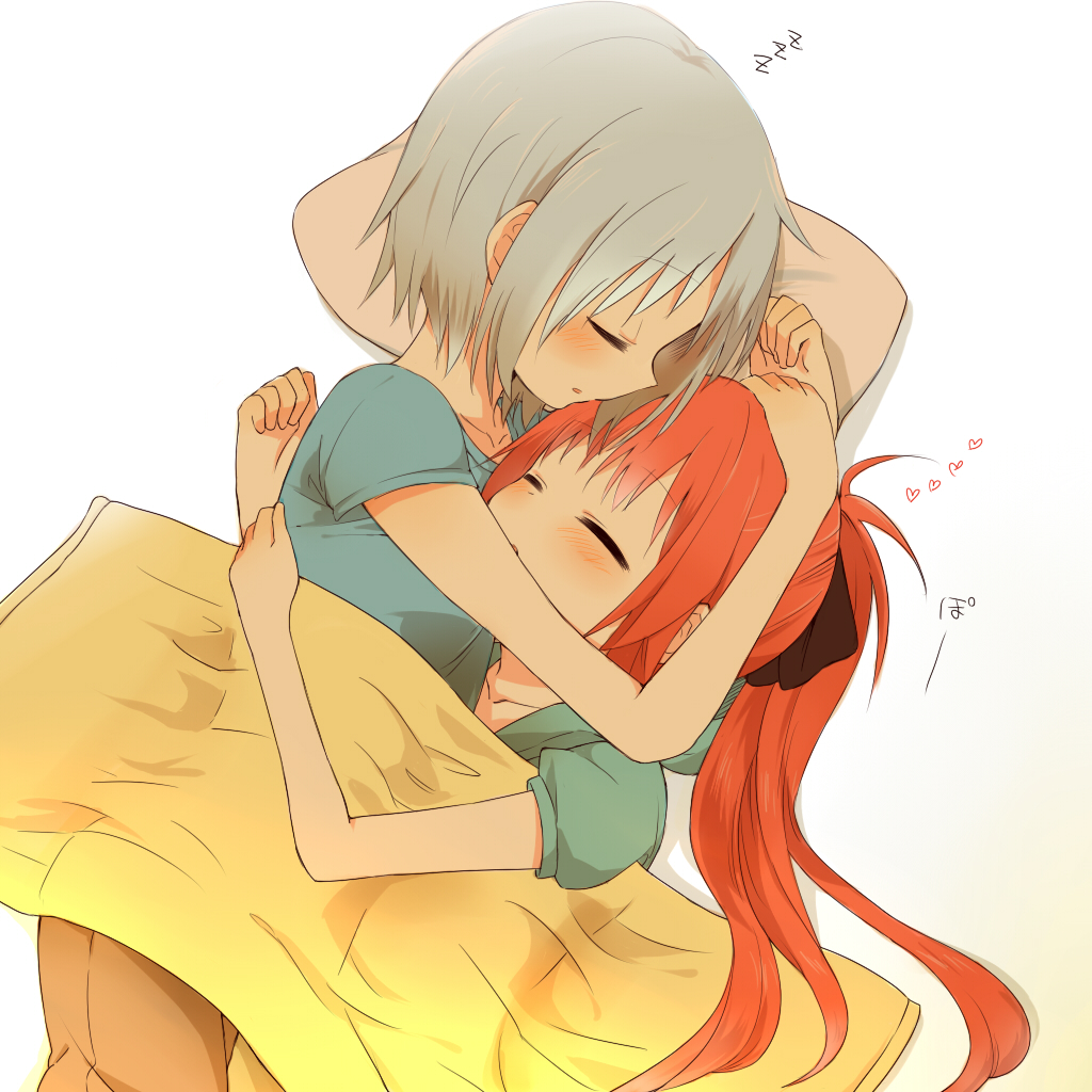 10s 2girls bad_id bad_pixiv_id blanket blush bow closed_eyes hair_bow heart hug mahou_shoujo_madoka_magica mahou_shoujo_madoka_magica_(anime) miki_sayaka multiple_girls orange_(bibiko) pillow ponytail red_hair sakura_kyoko shirt short_hair silver_hair sleeping yuri zzz