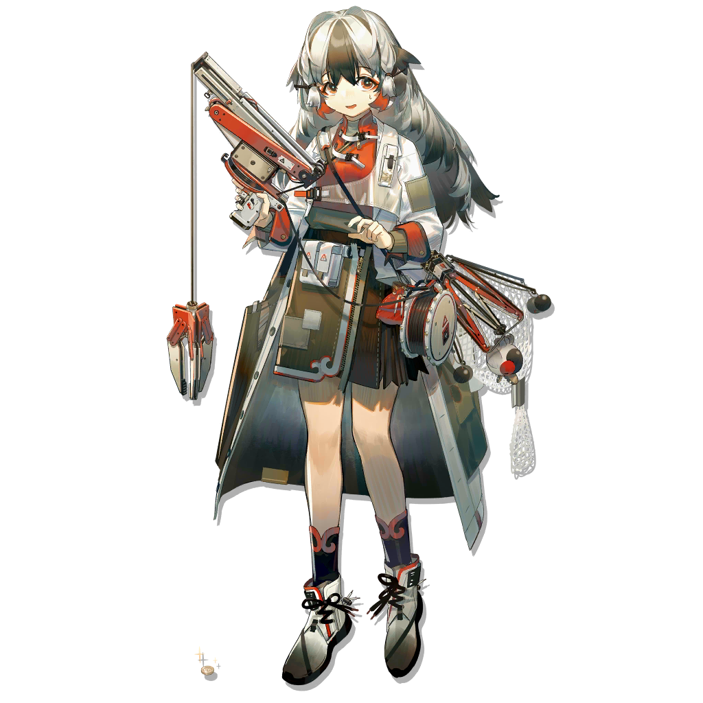 1girl arknights black_hair black_skirt black_socks blush brown_eyes female_focus full_body grey_footwear grey_hair long_hair long_sleeves looking_at_viewer multicolored_hair norizc official_art parted_lips skirt smile snowsant_(arknights) socks solo sweatdrop transparent_background very_long_hair