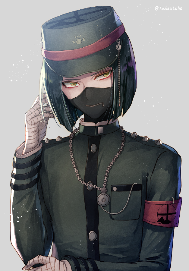 1boy alternate_hair_length alternate_hairstyle artist_name bandages bandaged_hand bandages black_hair chain commentary_request covered_mouth danganronpa_(series) gakuran green_headwear green_jacket grey_background hat jacket long_sleeves looking_at_viewer male_focus mask danganronpa_v3:_killing_harmony peaked_cap school_uniform shinguji_korekiyo short_hair simple_background upper_body yellow_eyes z-epto_(chat-noir86)