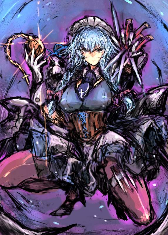 1girl black_pantyhose blue_hair corset high_heels holding holding_pocket_watch izayoi_sakuya kneeling knife legs_apart maid_headdress moto_murabito pantyhose pocket_watch solo thigh_strap throwing_knife touhou watch weapon