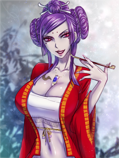 1girl breasts cleavage himiko_(oneechanbara) japanese_clothes jewelry kimono makeup necklace oneechanbara smoking_pipe purple_hair red_eyes