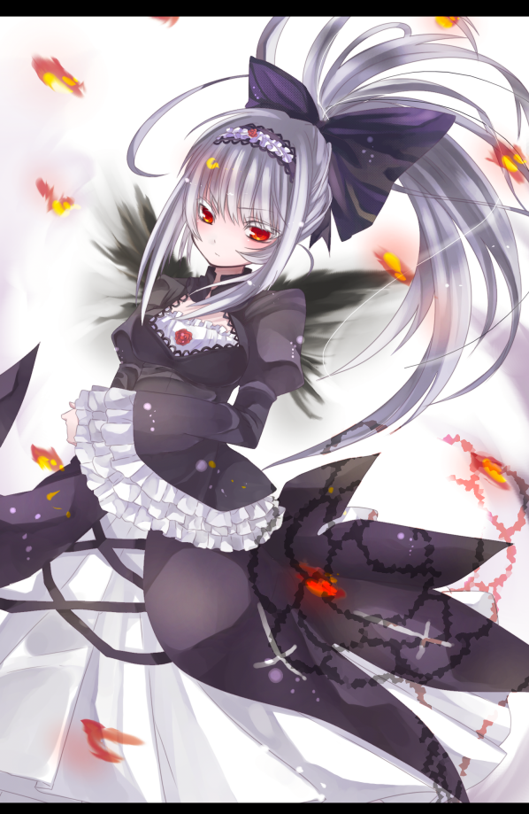 00s alternate_hairstyle blush bow dress frills gothic_lolita hair_bow hairband hall_jion lolita_fashion long_hair long_sleeves ponytail red_eyes rozen_maiden silver_hair sleeves_past_wrists solo suigintou wings