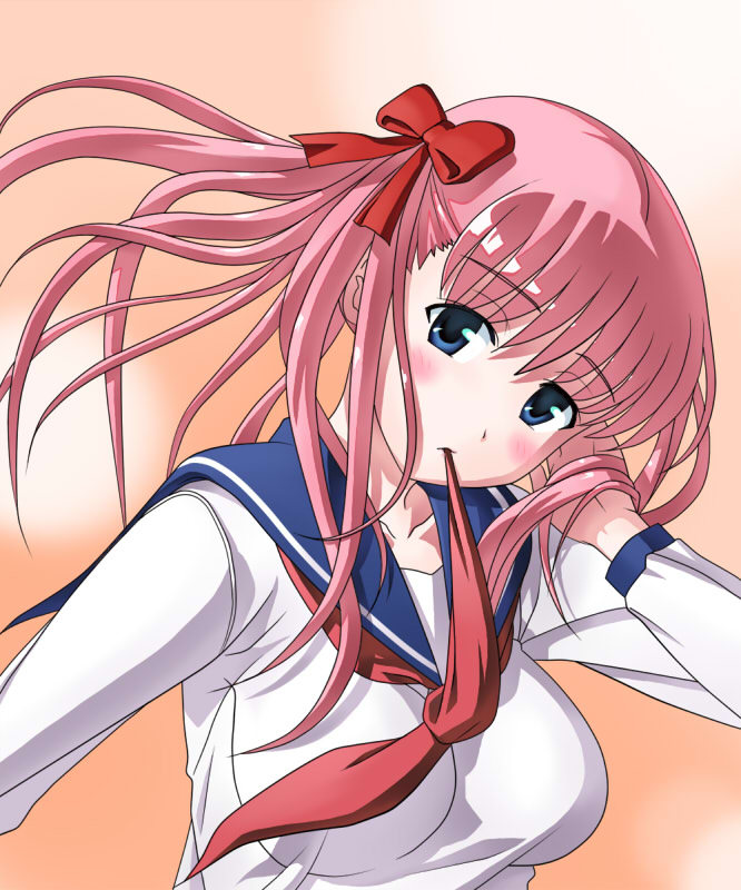 00s blue_eyes blush breasts haramura_nodoka long_hair oyamada_musshu pink_hair ribbon saki_(manga) school_uniform serafuku