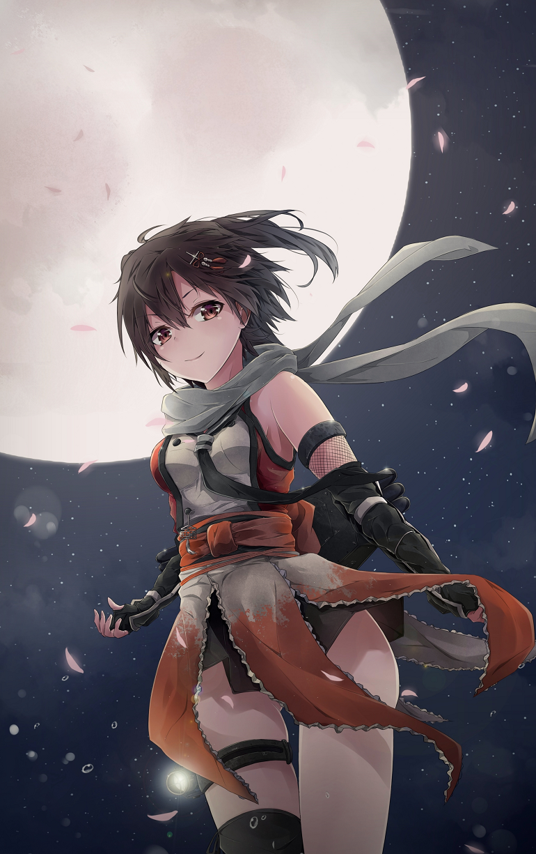 10s 1girl black_skirt brown_eyes brown_hair elbow_gloves female_focus fingerless_gloves full_moon gloves hair_ornament highres jenson_tw kantai_collection kneehighs moon night night_sky petals scarf school_uniform sendai_(kancolle) sendai_kai_ni_(kancolle) serafuku short_hair single_kneehigh single_sock skirt sky smile socks solo two_side_up