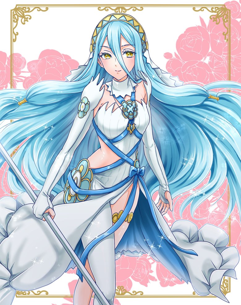 1girl asymmetrical_legwear azura_(fire_emblem) blue_hair fingerless_gloves fire_emblem fire_emblem_fates gloves hair_between_eyes headdress holding holding_polearm holding_weapon jewelry long_hair looking_at_viewer nintendo pendant polearm solo umehime uneven_legwear veil very_long_hair weapon yellow_eyes