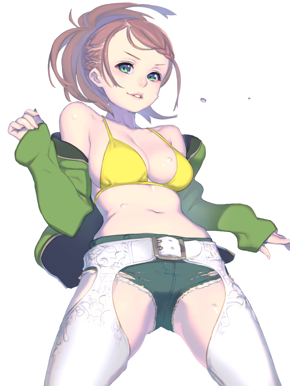 1girl bare_shoulders belt bikini bikini_top_only braid breasts brown_hair chaps cleavage cutoffs denim denim_shorts enkyo_yuuichirou female_focus green_jacket hair_ribbon highres hisho_collection jacket long_hair looking_at_viewer medium_breasts midriff navel off-shoulder_jacket off_shoulder original parted_lips ribbon short_shorts shorts simple_background smile solo sweat swimsuit twin_braids white_background yellow_bikini