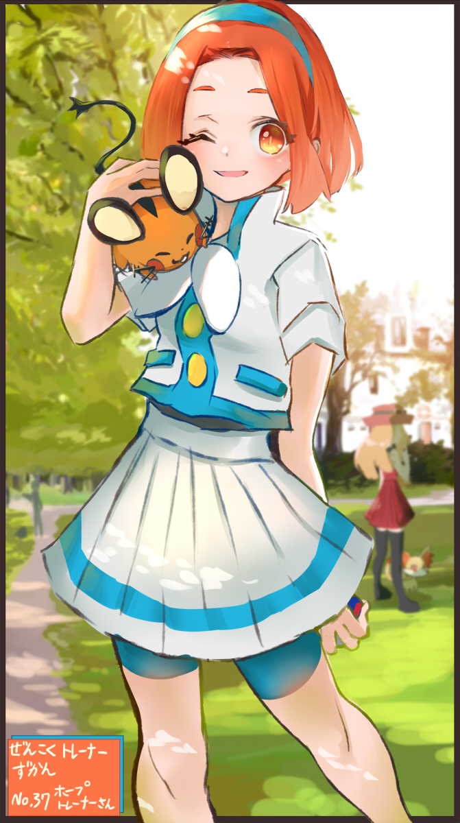 2girls ;d arm_behind_back blue_hairband blurry blurry_background creatures_(company) dedenne e-co fennekin game_freak gen_6_pokemon great_ball hairband highres holding holding_poke_ball multiple_girls nintendo on_shoulder one_eye_closed open_mouth orange_eyes orange_hair outdoors pleated_skirt poke_ball pokemon pokemon_(creature) pokemon_on_shoulder pokemon_xy rising_star_(pokemon) serena_(pokemon) short_hair short_sleeves skirt smile white_skirt