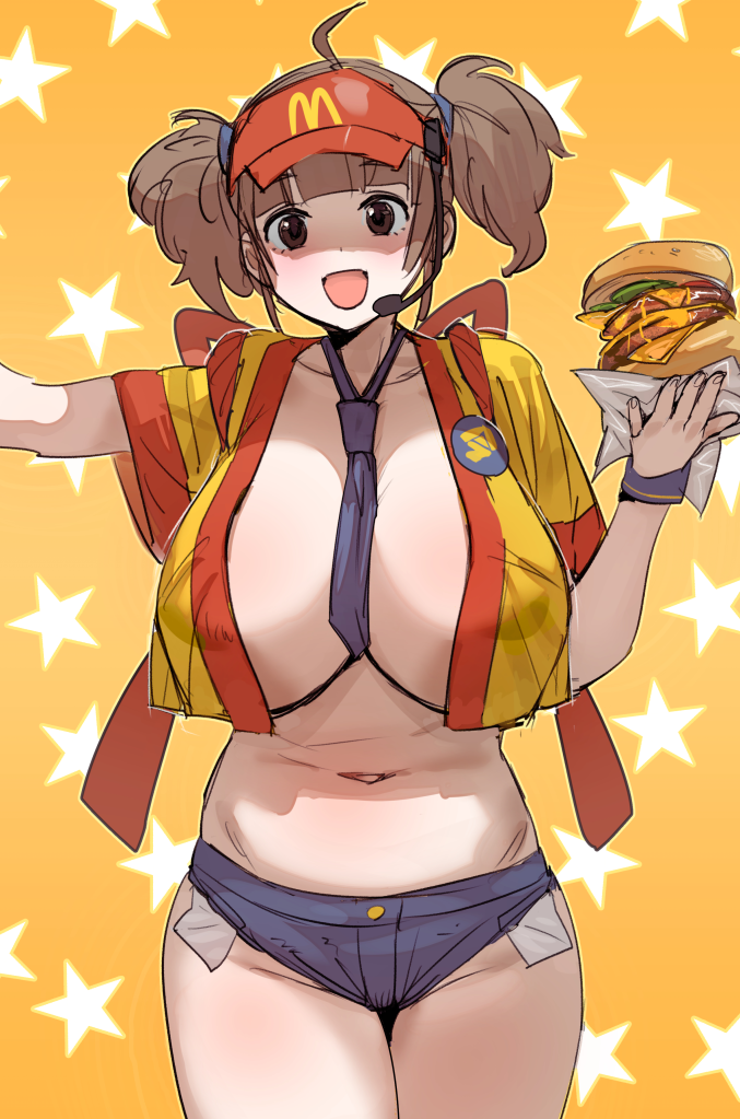 1girl :d ahoge alternate_breast_size blue_necktie blue_shorts bow_(bhp) breasts brown_hair burger collarbone imadake_dabuchi_tabemi food huge_breasts mcdonald&#039;s necktie open_clothes open_mouth open_shirt orange_background shirt short_hair short_shorts shorts smile solo standing thighs visor_cap yellow_shirt