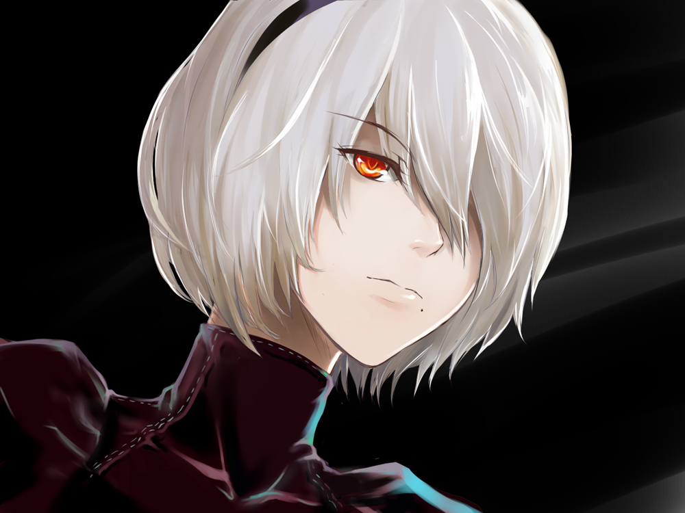 1girl black_background dutch_angle expressionless fengya grey_hair hair_over_one_eye mole mole_under_mouth nier_(series) nier:automata orange_eyes portrait short_hair simple_background 2b_(nier:automata)