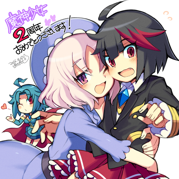 3girls ahoge al_(majin_shoujo) black_hair blad_(majin_shoujo) blowing_kiss blue_hair blush brave_dungeon dated hat heart hug iroyopon klinsy looking_at_viewer majin_shoujo multicolored_hair multiple_girls open_mouth pink_hair purple_eyes purple_hat red_eyes red_hair short_hair signature smile text_focus translation_request two-tone_hair