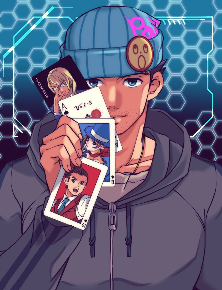 1boy ace_attorney apollo_justice apollo_justice:_ace_attorney beanie blue_eyes blue_hat card commentary_request facial_hair grey_hoodie hat holding holding_card hood hoodie klavier_gavin male_focus phoenix_wright ragi_(od6fine) solo stubble trucy_wright zipper