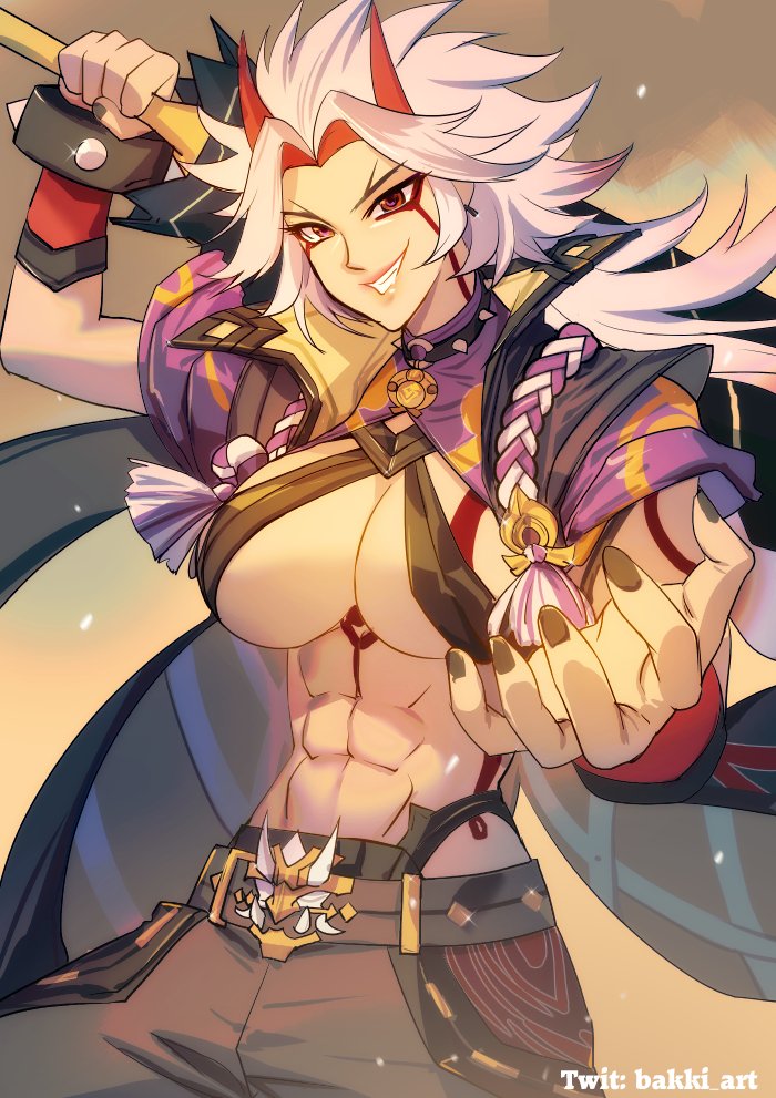 1girl :d abs arataki_itto bakki belt black_nails black_pants body_markings breasts brown_eyes cleavage club_(weapon) commentary_request earrings fingernails genderswap genderswap_(mtf) genshin_impact grin holding holding_club holding_weapon horns jewelry large_breasts long_hair looking_at_viewer muscular muscular_female nail_polish navel oni oni_horns open_mouth over_shoulder pants rope sharp_fingernails shimenawa short_sleeves sidelocks simple_background smile solo stomach tattoo twitter_username underboob v-shaped_eyebrows vision_(genshin_impact) weapon weapon_over_shoulder white_hair yellow_background