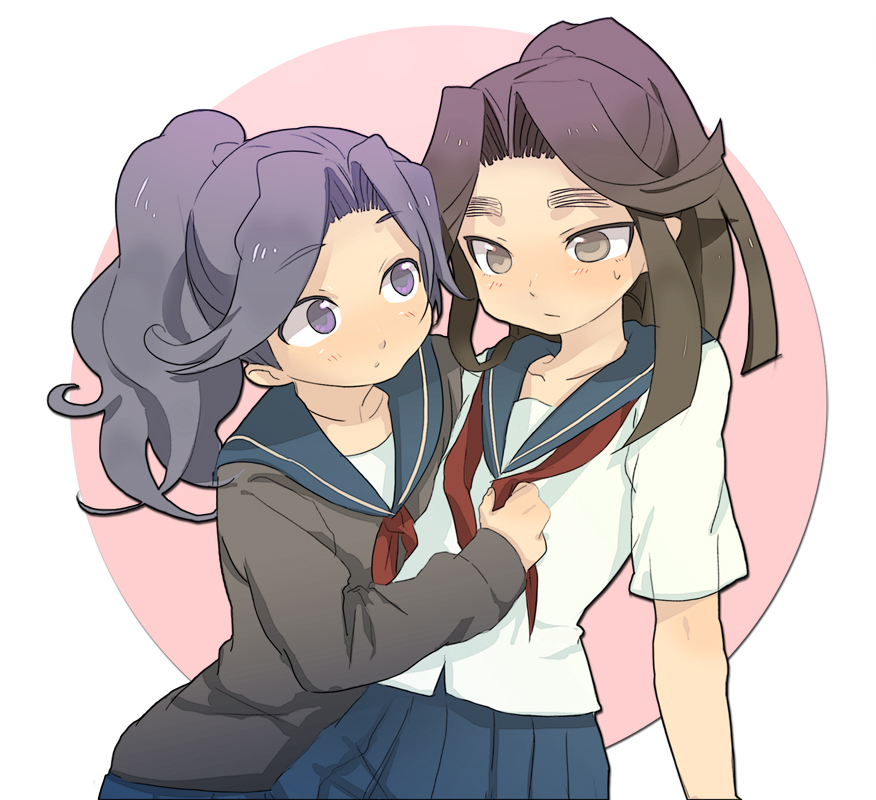 2boys ayabe_kihachirou bad_id bad_pixiv_id brown_eyes brown_hair cardigan crossdressing dadami hair_flaps male_focus multiple_boys ponytail purple_eyes purple_hair rakudai_ninja_rantarou school_uniform serafuku taira_no_takiyashamaru trap