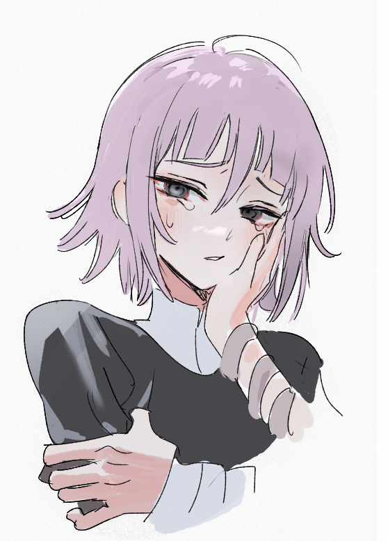 1other androgynous black_eyes crona_(soul_eater) crying hair_between_eyes other_focus parted_lips purple_hair short_hair sil435 simple_background soul_eater tears