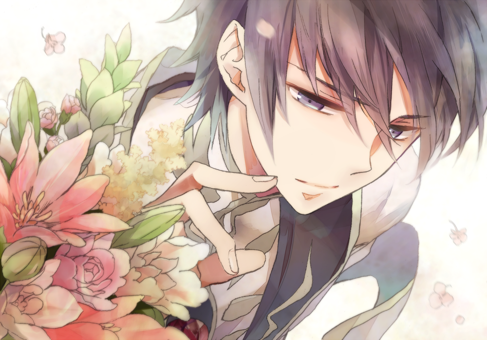 1boy code_geass flower lelouch_vi_britannia lirura male_focus petals purple_eyes short_hair solo