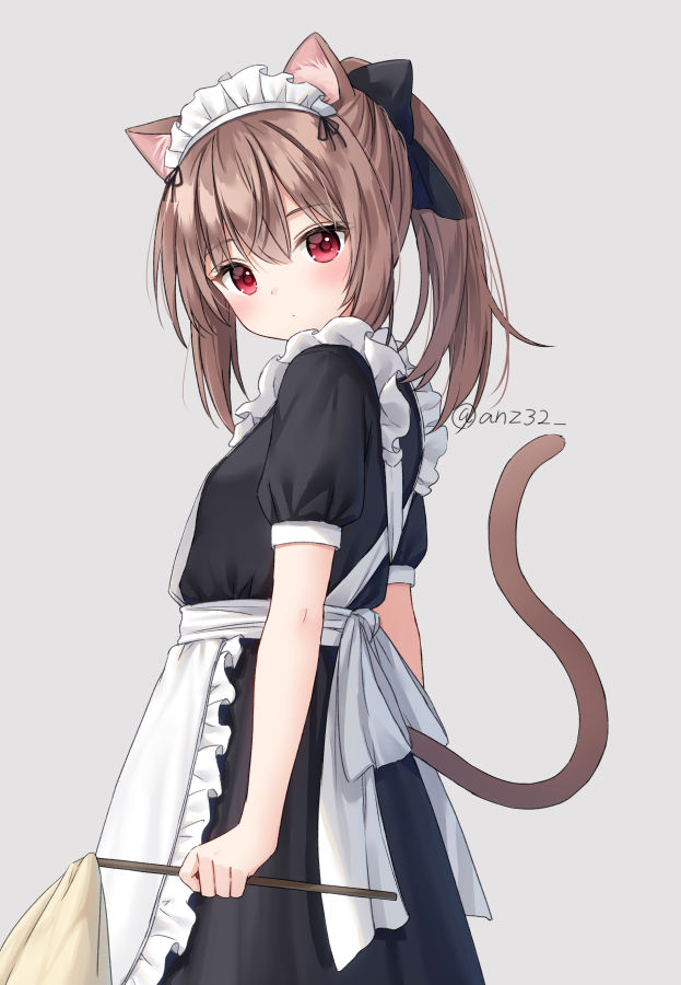 1girl animal_ear_fluff animal_ears apron black_bow black_dress blush bow cat_ears cat_girl cat_tail closed_mouth commentary_request dress duster frilled_apron frills grey_background hair_between_eyes hair_bow holding looking_at_viewer looking_to_the_side maid maid_apron maid_headdress nina_(yumoran) original ponytail puffy_short_sleeves puffy_sleeves red_eyes short_sleeves simple_background solo tail twitter_username white_apron yumoran