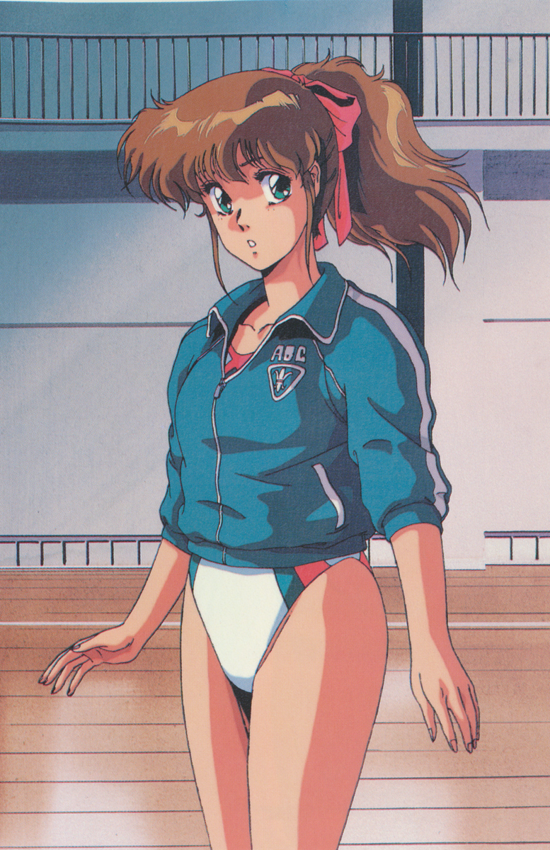 1980s_(style) 1girl athletic_leotard blue_eyes blue_jacket cowboy_shot cream_lemon emblem gymnast_leotard gymnastics hair_ribbon high_ponytail highres indoors jacket leotard medium_hair non-web_source official_art oldschool parted_lips retro_artstyle ribbon scan sleeves_past_elbows solo standing urushihara_satoshi white_shadow