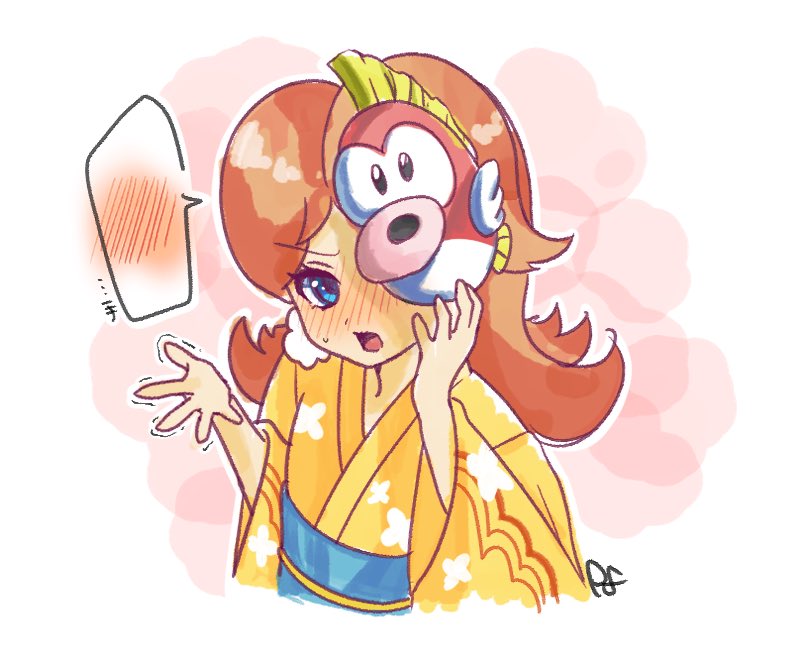 1girl blue_eyes blush brown_hair cheep_cheep cheep_cheep_masks_(mario) earrings floral_print flower_earrings flustered japanese_clothes jewelry kimono looking_at_viewer mario_(series) mario_kart mario_kart_tour nintendo open_mouth ponfu_y princess_daisy princess_daisy_(yukata) signature yukata