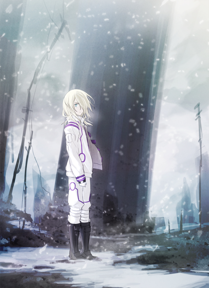 1boy amemiya_reiji blonde_hair blue_eyes boots cota hair_over_one_eye jacket long_hair looking_at_viewer male_focus megaton_musashi outdoors pants snow snowing solo standing white_jacket white_pants