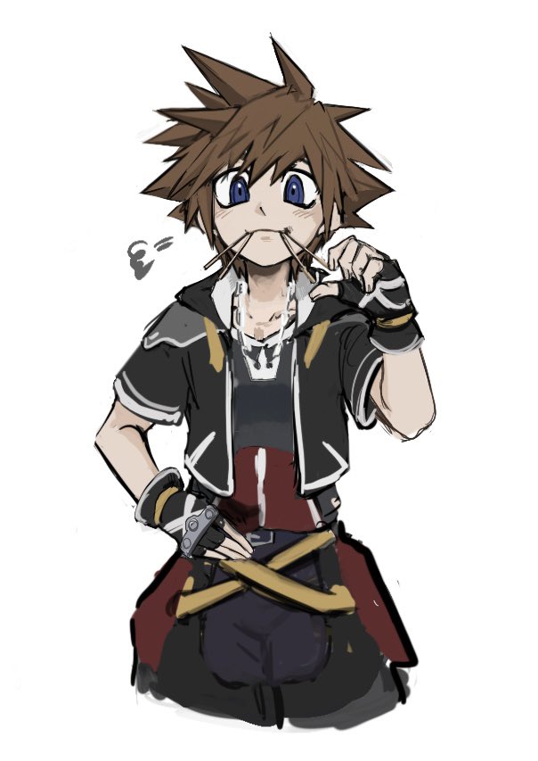 1boy belt black_gloves black_jacket brown_hair chain chain_necklace cropped_jacket d57vo_ov food food_in_mouth gloves jacket jewelry kingdom_hearts male_focus necklace open_clothes open_jacket pants pocky pocky_in_mouth puffy_pants shirt sora_(kingdom_hearts)