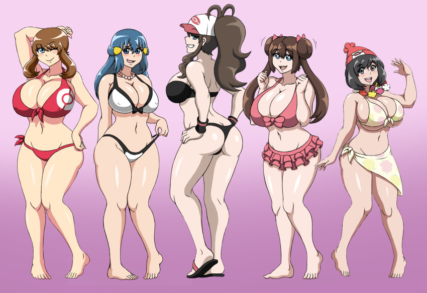 5girls ass barefoot beanie bikini bikini_pull black_bikini black_hair blue_eyes blue_hair blush breasts brian12 brian_libunao brown_hair butt_crack cleavage clothes_pull creatures_(company) curvy dawn_(pokemon) double_bun flip-flops flower flower_necklace flower_print game_freak groin hair_bun hair_ornament hair_ribbon hairclip hands_on_own_hips hat higher_resolution_available hilda_(pokemon) huge_breasts image_sample jewelry large_breasts long_hair looking_at_viewer may_(pokemon) multiple_girls naughty_face necklace nintendo open_mouth pale_skin pink_bikini poke_ball_symbol pokemon pokemon_bw pokemon_bw2 pokemon_dppt pokemon_rse pokemon_sm ponytail red_bikini ribbon rosa_(pokemon) sandals selene_(pokemon) shiny_skin short_hair sidelocks simple_background smile standing swimsuit thick_thighs thighs visor_cap white_bikini wide_hips wristband