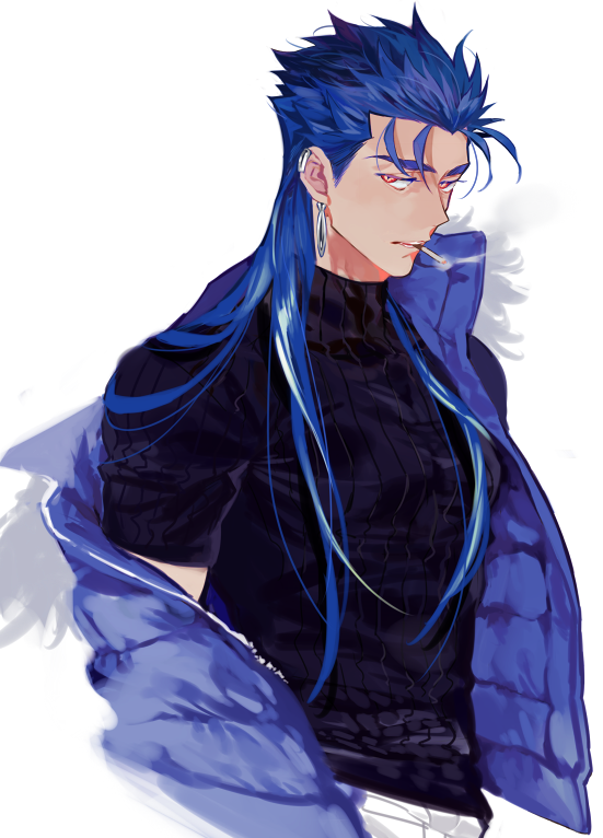 1boy black_shirt blue_hair blue_jacket cigarette cu_chulainn_(fate) fate/stay_night fate_(series) hair_down jacket cu_chulainn_(fate/stay_night) long_hair looking_at_viewer male_focus mouth_hold off_shoulder red_eyes shirt smoking solo tatsuta_age turtleneck upper_body