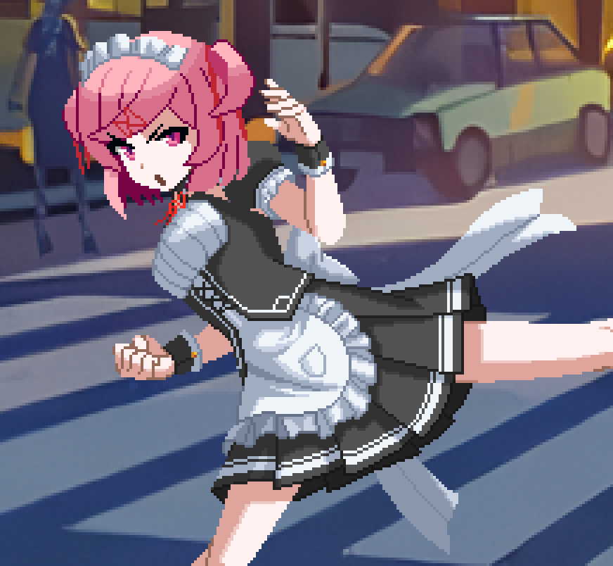 2girls :o alternate_costume angry apron black_dress black_wrist_cuffs bob_cut bow bowtie breasts car city clenched_hand commentary cross-laced_clothes crosswalk dirndl doki_doki_literature_club dress english_commentary enmaided feet_out_of_frame fighting_stance frilled_apron frilled_hairband frilled_sleeves frills german_clothes hair_bow hair_ornament hairband hand_up high_kick incoming_attack kicking looking_at_viewer maid maid_headdress medium_breasts motor_vehicle multiple_girls nastpaper natsuki_(doki_doki_literature_club) neck_ribbon open_mouth outdoors people pink_eyes pink_hair pixel_art pleated_dress puffy_short_sleeves puffy_sleeves red_bow red_bowtie red_ribbon ribbon road short_hair short_sleeves shouting solo_focus standing standing_on_one_leg swept_bangs two-tone_dress two_side_up v-shaped_eyebrows waist_apron white_apron white_dress white_hairband white_trim wrist_cuffs x_hair_ornament