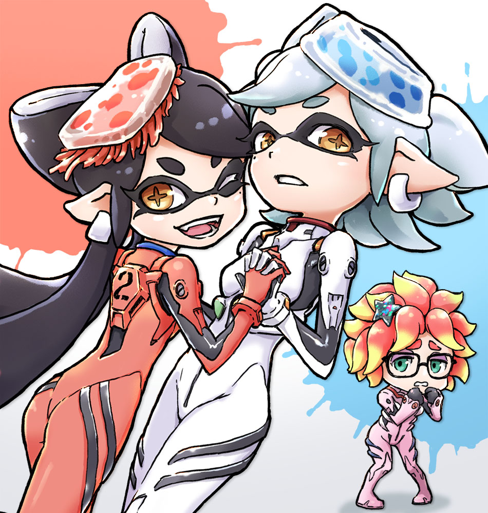 3girls alternate_costume annie_(splatoon) ayanami_rei ayanami_rei_(cosplay) bodysuit callie_(splatoon) cosplay enola_(ebanataw) glasses holding_hands looking_at_viewer makinami_mari_illustrious makinami_mari_illustrious_(cosplay) marie_(splatoon) mecha_pilot_suit multiple_girls neon_genesis_evangelion nintendo one_eye_closed pink_bodysuit plugsuit red_bodysuit souryuu_asuka_langley souryuu_asuka_langley_(cosplay) splatoon_(series) splatoon_1 white_bodysuit