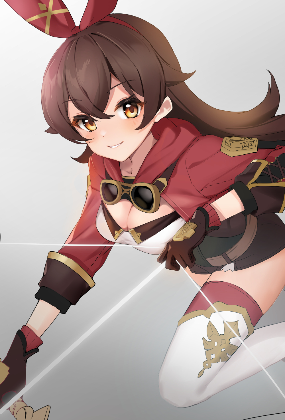 1girl amber_(genshin_impact) blush bow_(weapon) breasts brown_eyes brown_gloves brown_hair brown_shorts cleavage commentary_request cropped_jacket ebi_bento genshin_impact gloves goggles goggles_around_neck grin hairband highres holding holding_bow_(weapon) holding_weapon jacket long_hair long_sleeves looking_at_viewer medium_breasts outstretched_arm red_hairband red_jacket shorts smile solo thighhighs weapon white_thighhighs