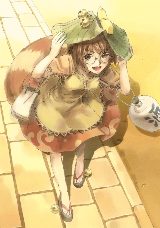 1girl alcohol blush bottle breasts brown_eyes brown_hair futatsuiwa_mamizou glasses hat leaf leaf_on_head nakajimayou object_on_head pince-nez raccoon_girl raccoon_tail sake short_hair skirt smile tail touhou