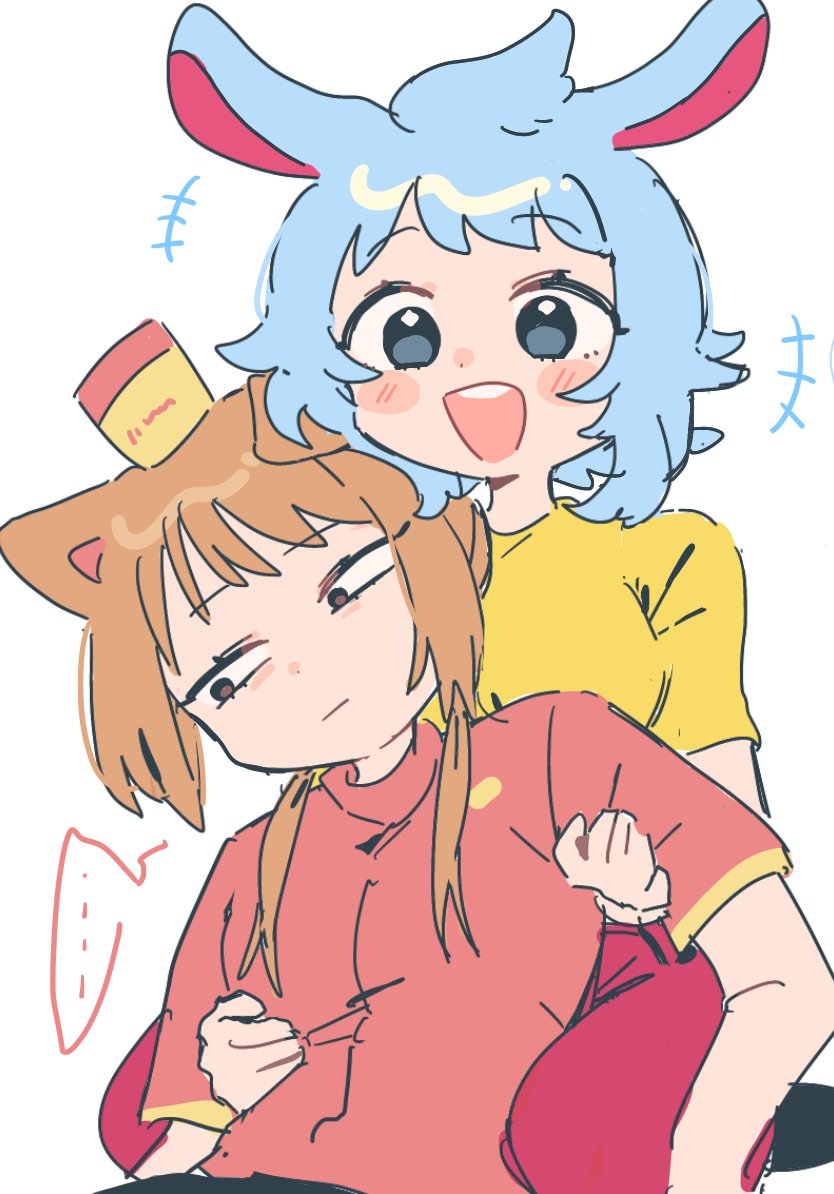 ... 2girls :d animal_ears blue_hair blush_stickers breasts brown_eyes brown_hair burgerpants cat_ears cat_girl genderswap genderswap_(mtf) happy hat humanization long_sidelocks looking_down mameo_(mameo6416) multiple_girls nice_cream_guy open_mouth rabbit_ears rabbit_girl short_hair short_sleeves sidelocks simple_background sketch smile undertale white_background